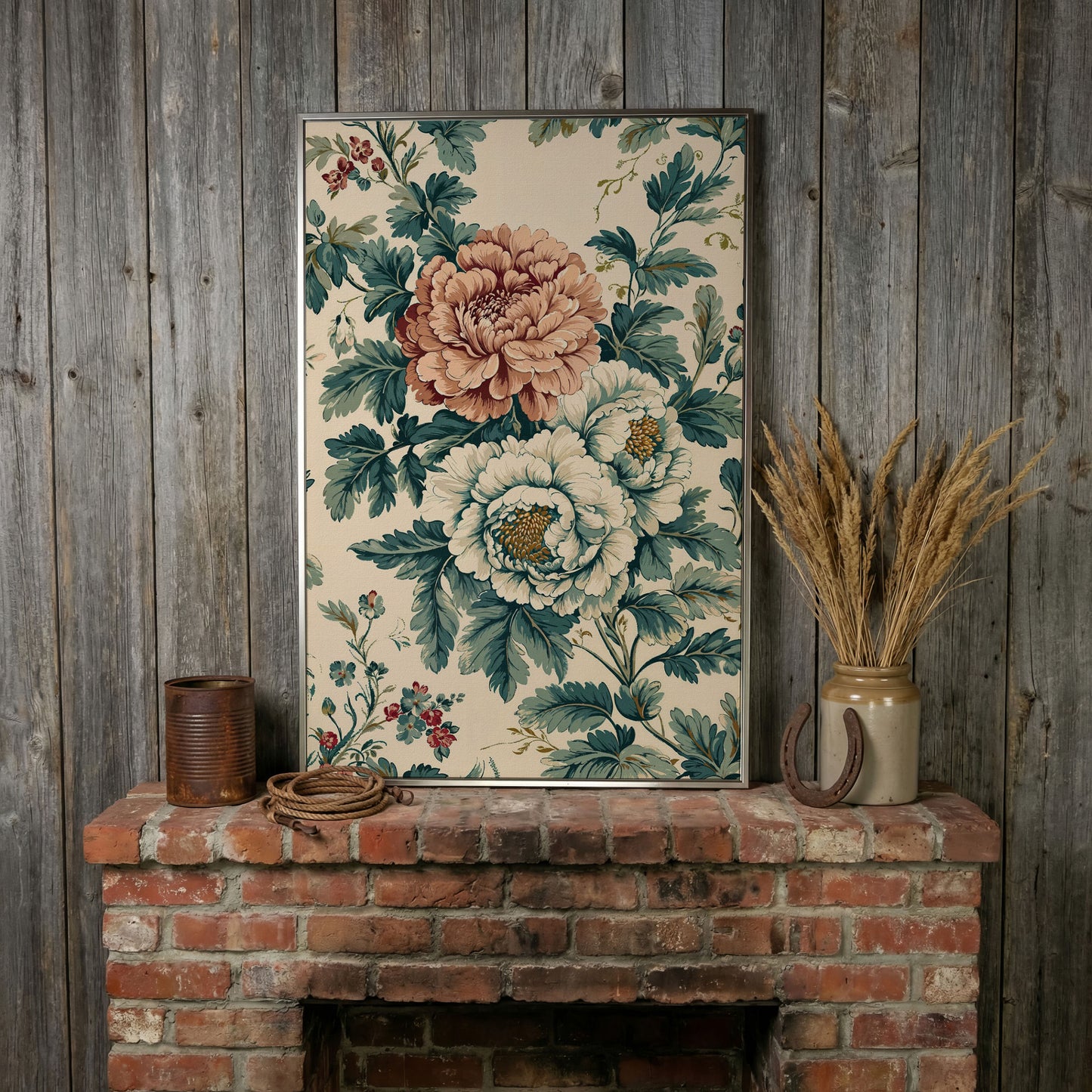 William Morris Peony Canvas Print in Teal & Peach in silver floating frame