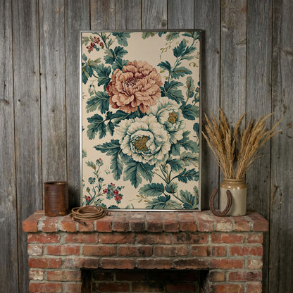 William Morris Peony Canvas Print in Teal & Peach in silver floating frame
