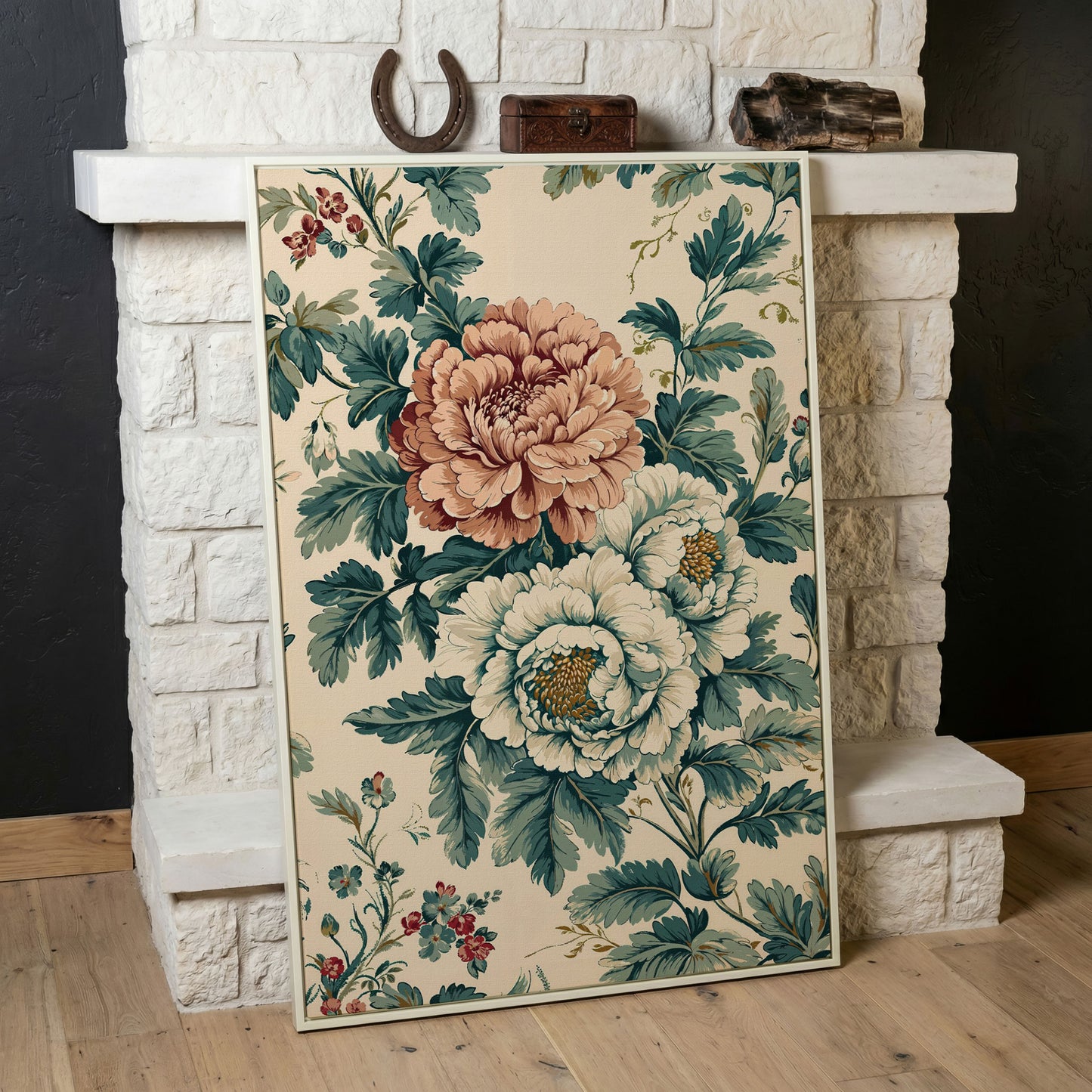 William Morris Peony Canvas Print in Teal & Peach in white floating frame