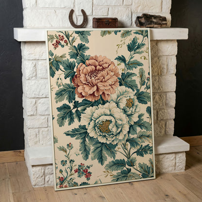 William Morris Peony Canvas Print in Teal & Peach in white floating frame