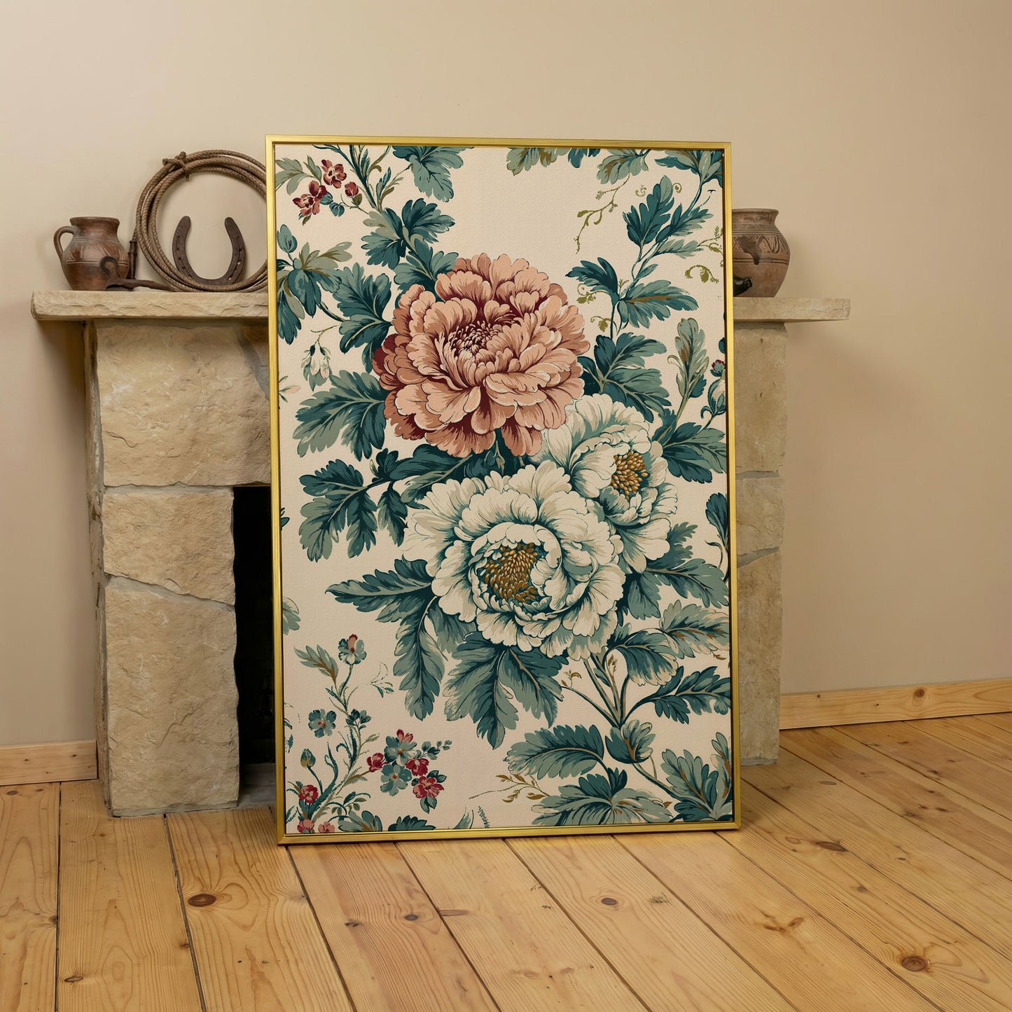 William Morris Peony Canvas Print in Teal & Peach in yellow gold floating frame