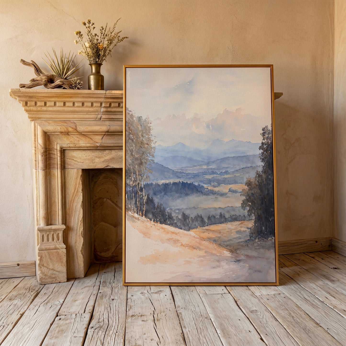 Serene Mountain Landscape Canvas in Dusty Blue in antique gold floating frame