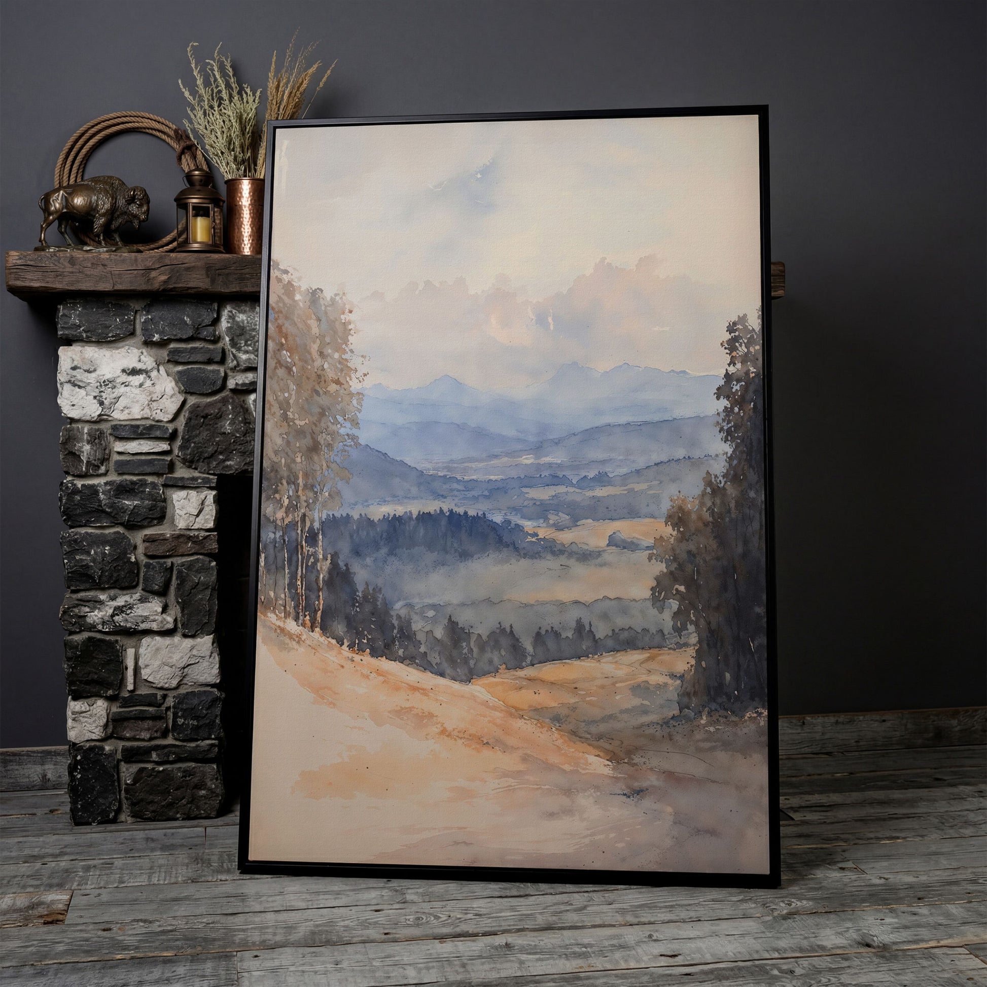 Serene Mountain Landscape Canvas in Dusty Blue in black floating frame