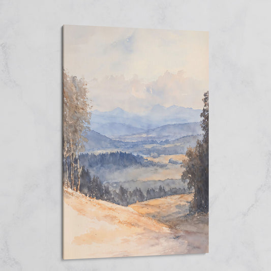 Serene Mountain Landscape Canvas in Dusty Blue on gallery wrap