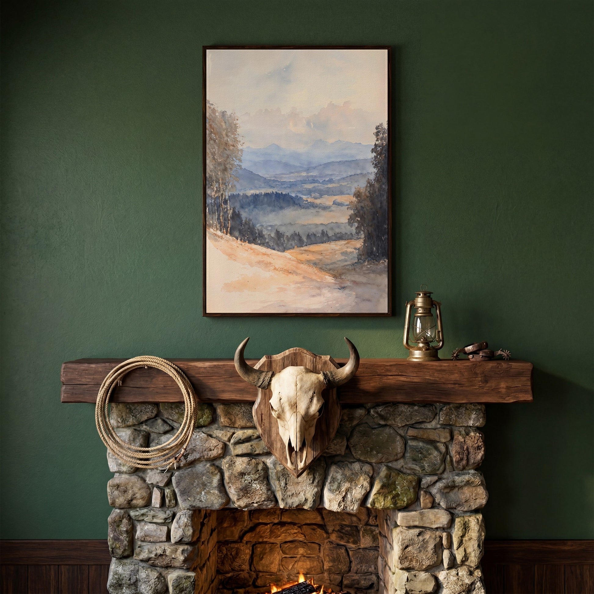 Serene Mountain Landscape Canvas in Dusty Blue in dark walnut floating frame