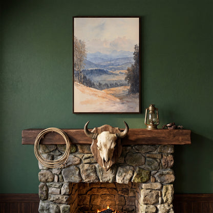 Serene Mountain Landscape Canvas in Dusty Blue in dark walnut floating frame