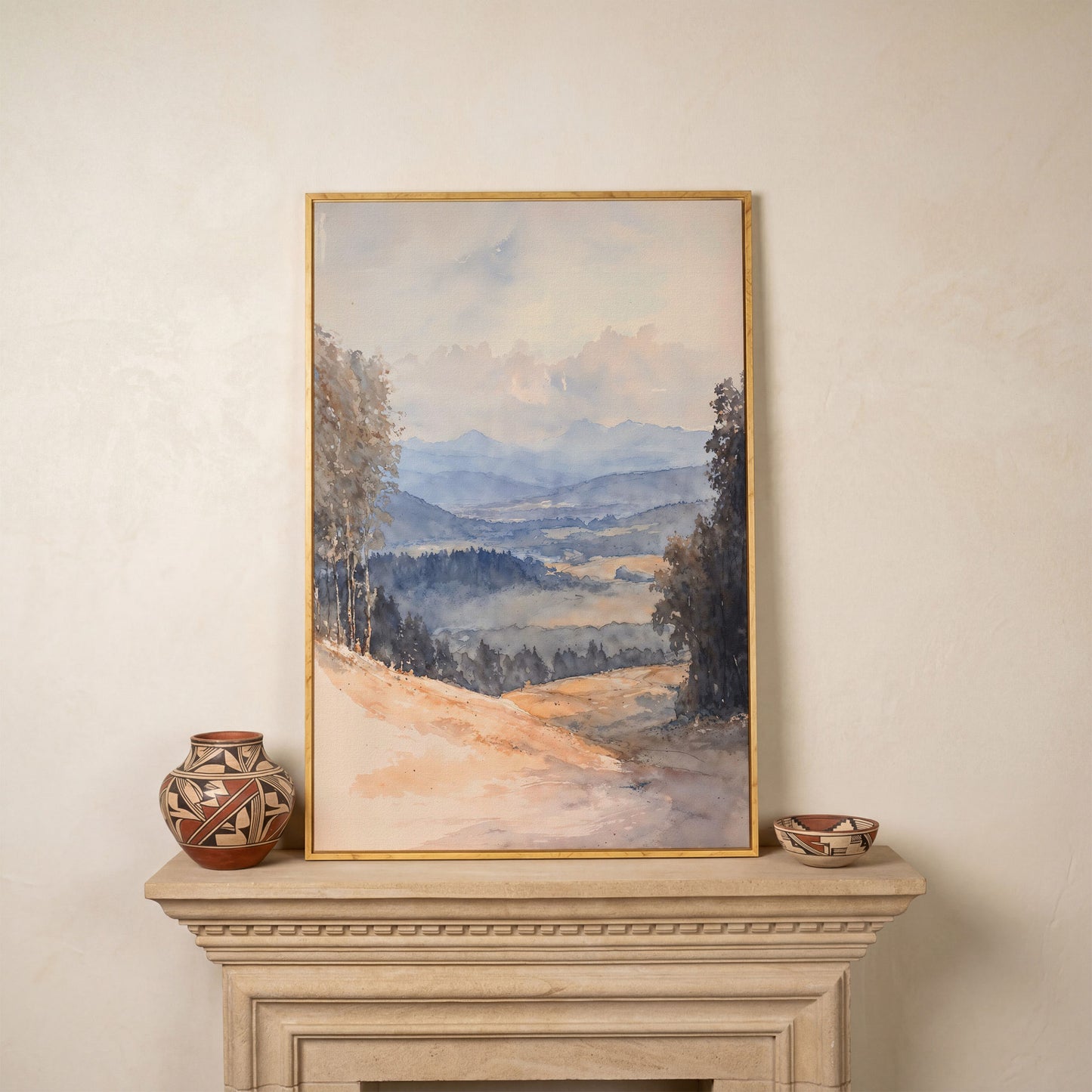 Serene Mountain Landscape Canvas in Dusty Blue in white oak floating frame