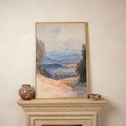 Serene Mountain Landscape Canvas in Dusty Blue in white oak floating frame