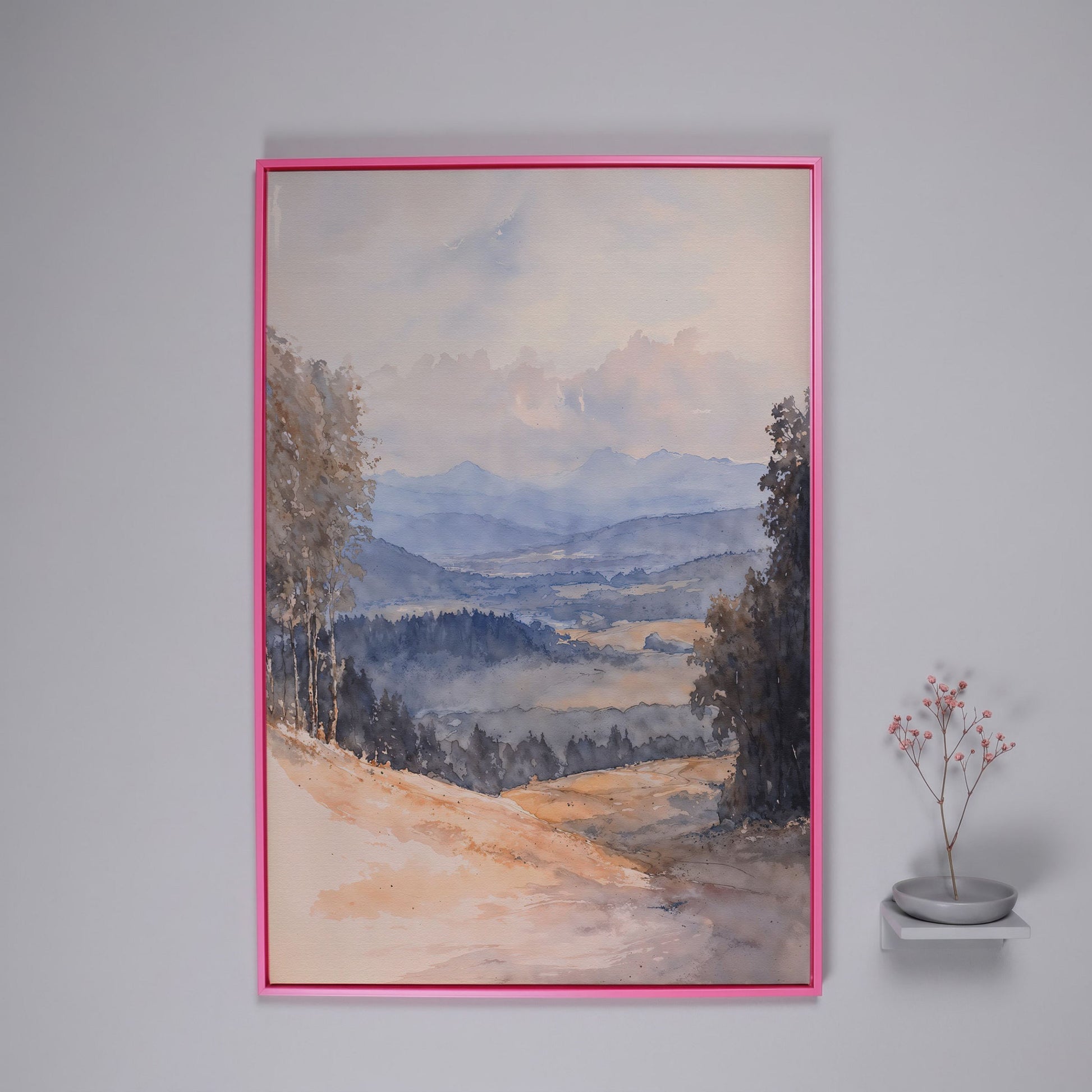Serene Mountain Landscape Canvas in Dusty Blue in pink floating frame