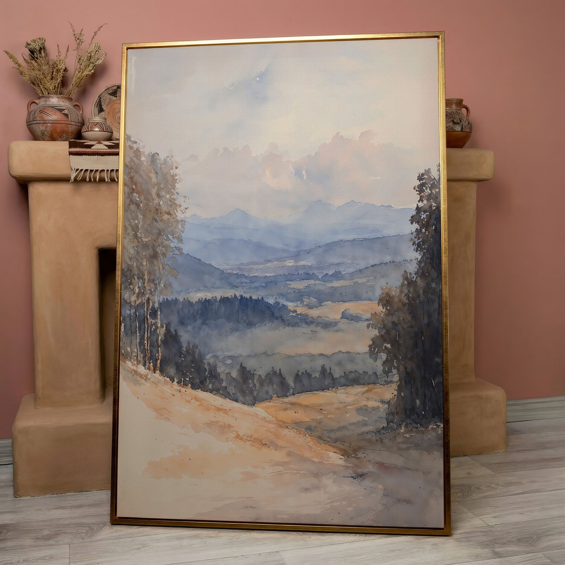 Serene Mountain Landscape Canvas in Dusty Blue in rose gold floating frame