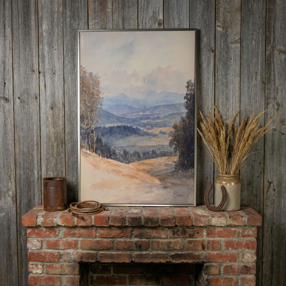 Serene Mountain Landscape Canvas in Dusty Blue in silver floating frame