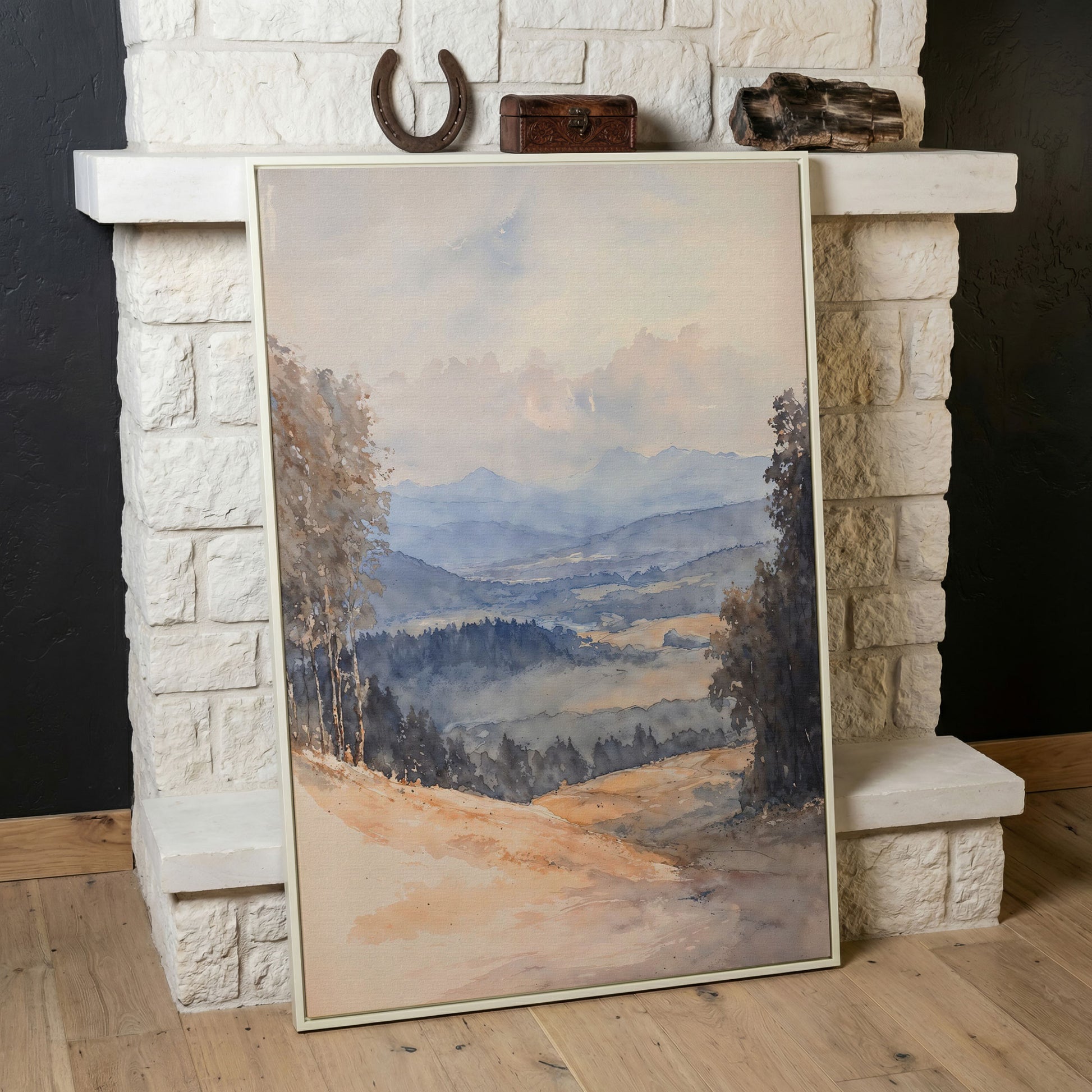 Serene Mountain Landscape Canvas in Dusty Blue in white floating frame