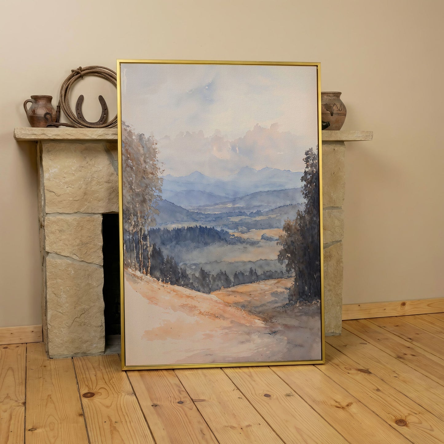 Serene Mountain Landscape Canvas in Dusty Blue in yellow gold floating frame