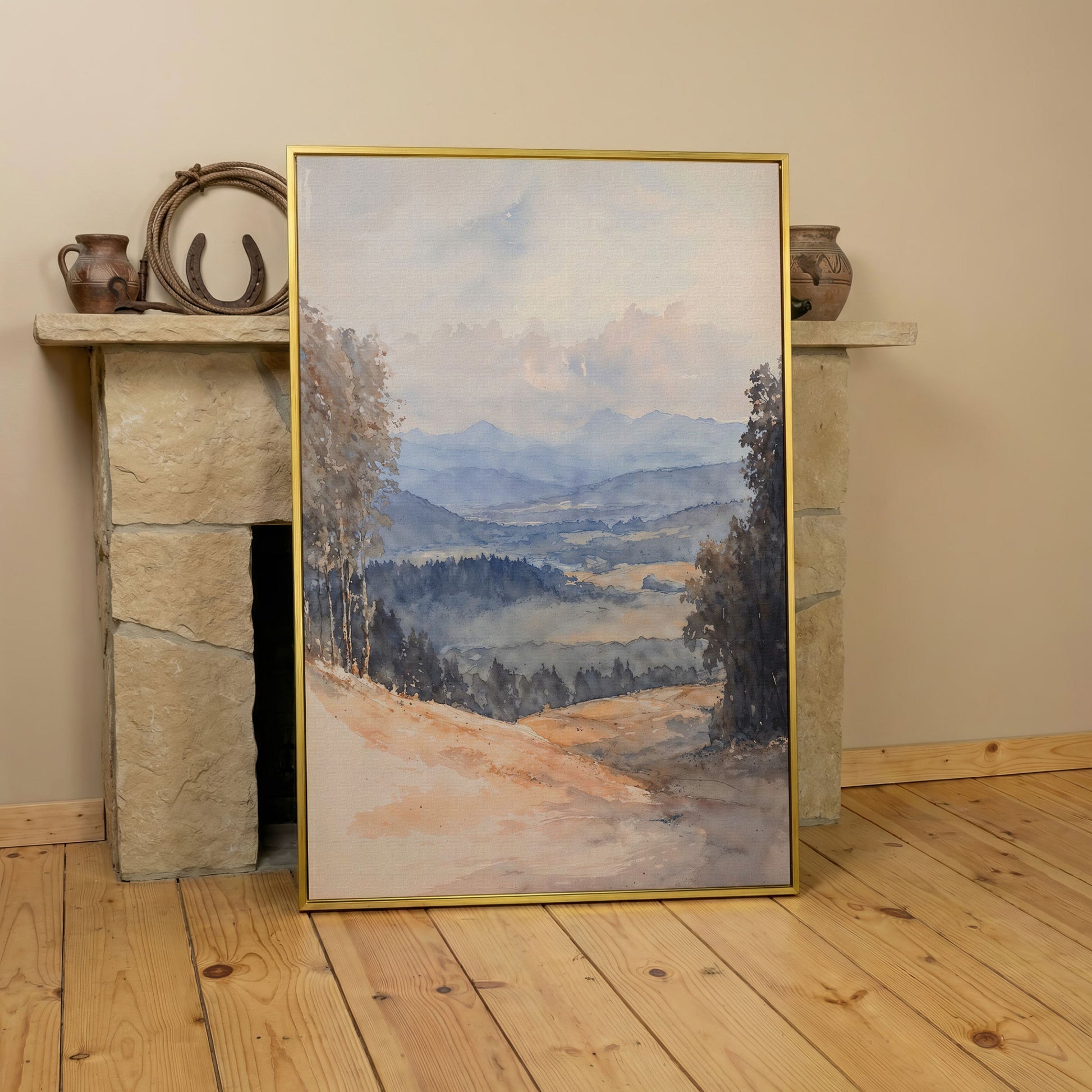 Serene Mountain Landscape Canvas in Dusty Blue in yellow gold floating frame