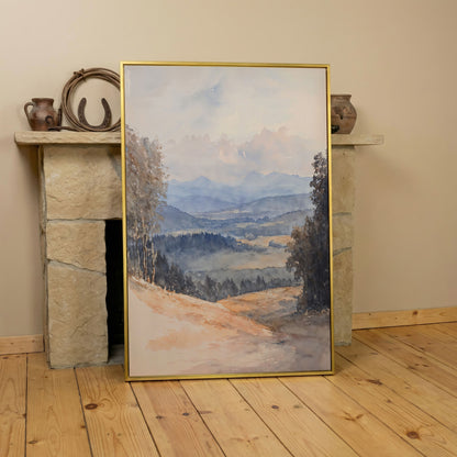 Serene Mountain Landscape Canvas in Dusty Blue in yellow gold floating frame