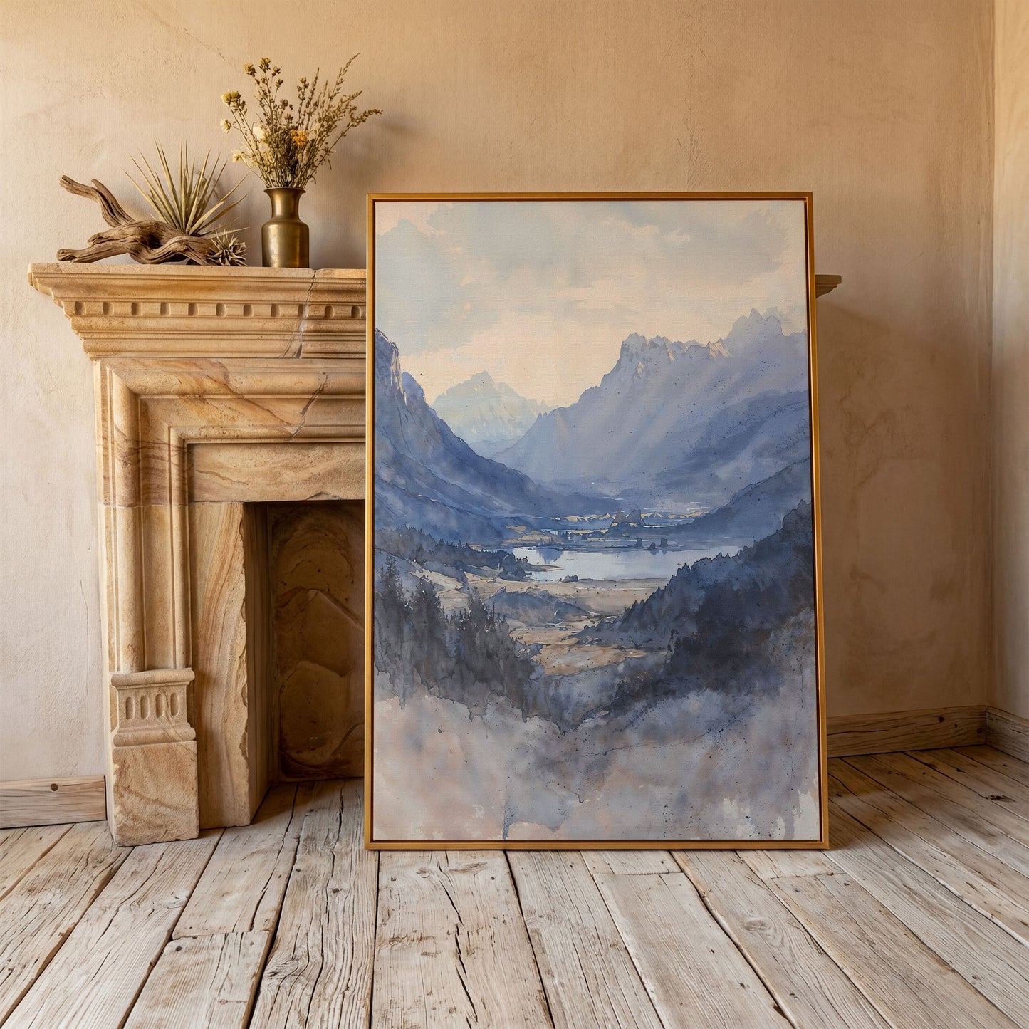 Alpine Lake at Dusk, Watercolor Mountain Canvas Wall Art in antique gold floating frame