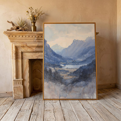 Alpine Lake at Dusk, Watercolor Mountain Canvas Wall Art in antique gold floating frame