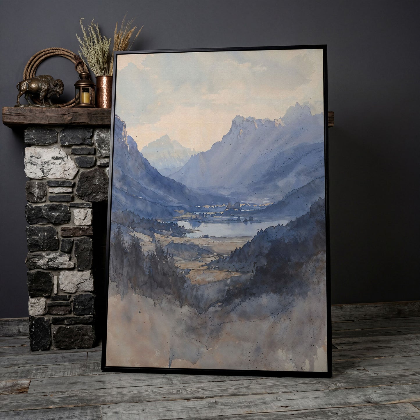 Alpine Lake at Dusk, Watercolor Mountain Canvas Wall Art in black floating frame