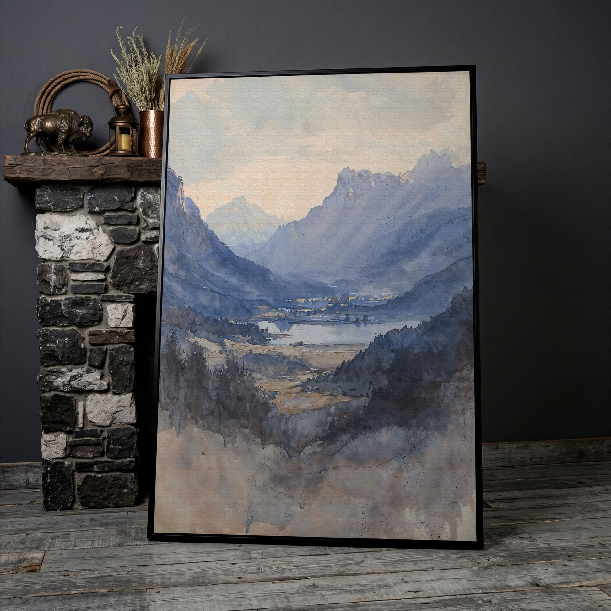 Alpine Lake at Dusk, Watercolor Mountain Canvas Wall Art in black floating frame