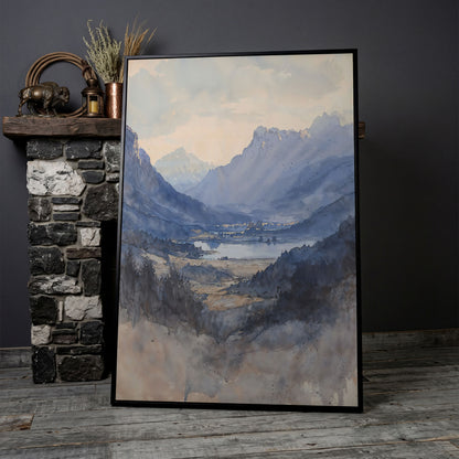 Alpine Lake at Dusk, Watercolor Mountain Canvas Wall Art in black floating frame