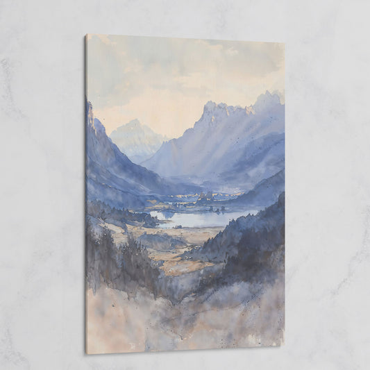 Alpine Lake at Dusk, Watercolor Mountain Canvas Wall Art on gallery wrap