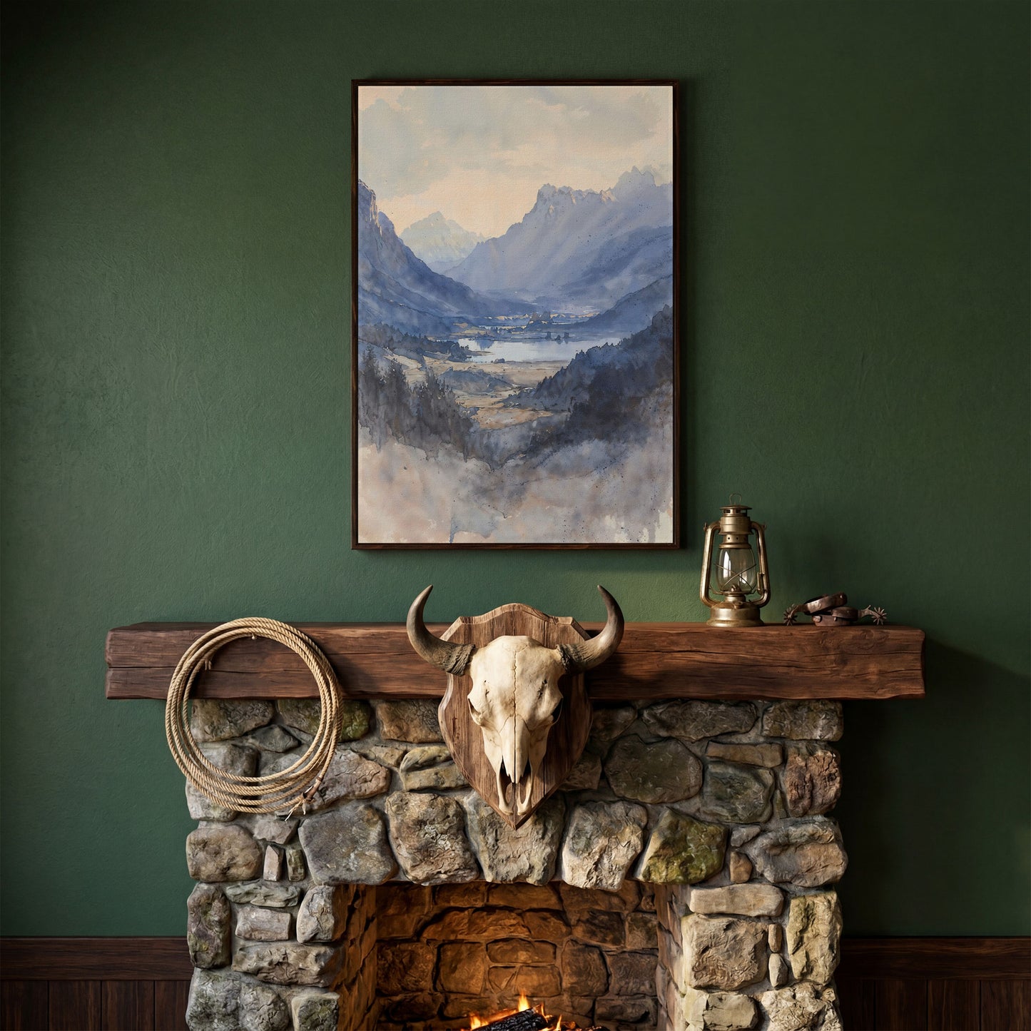 Alpine Lake at Dusk, Watercolor Mountain Canvas Wall Art in dark walnut floating frame