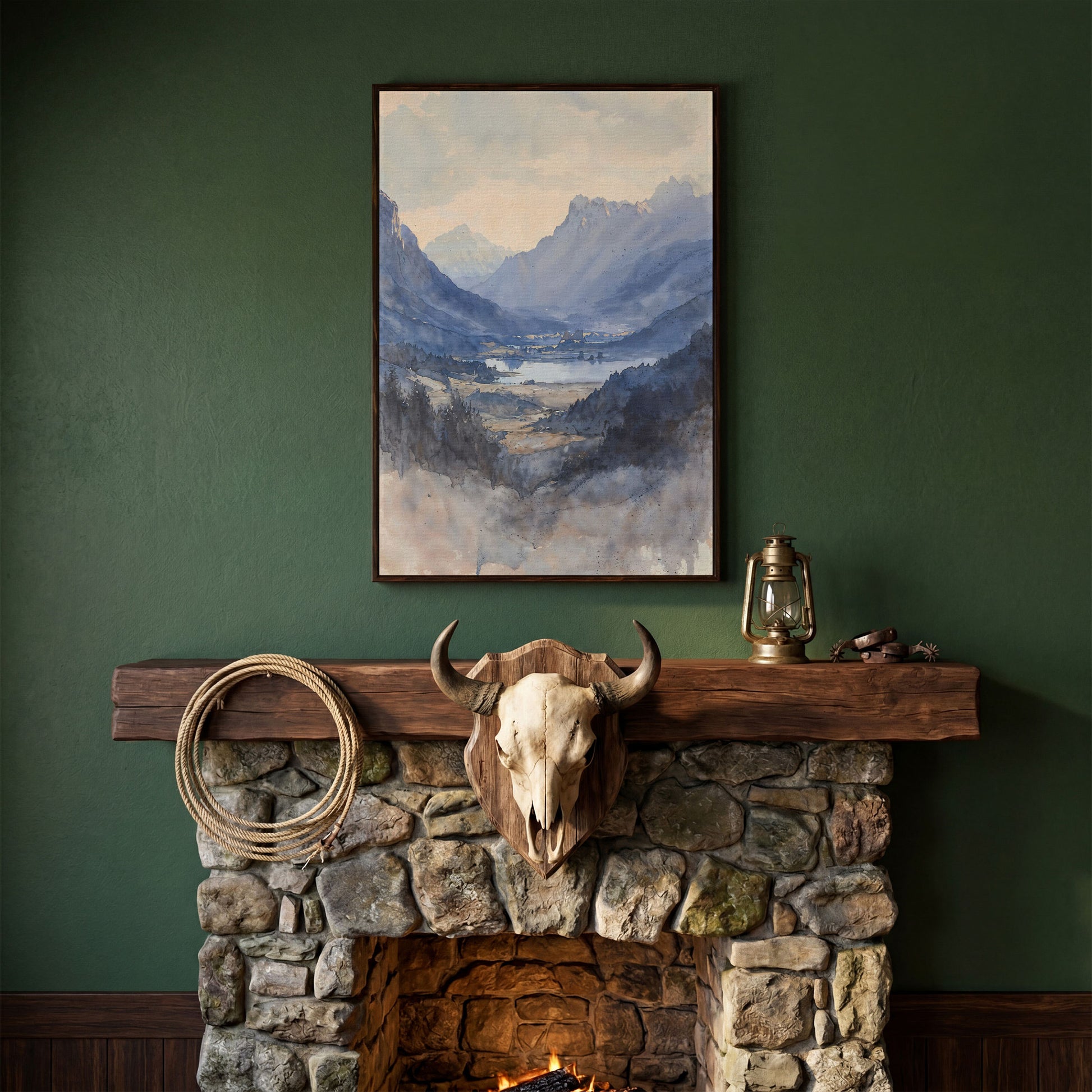 Alpine Lake at Dusk, Watercolor Mountain Canvas Wall Art in dark walnut floating frame