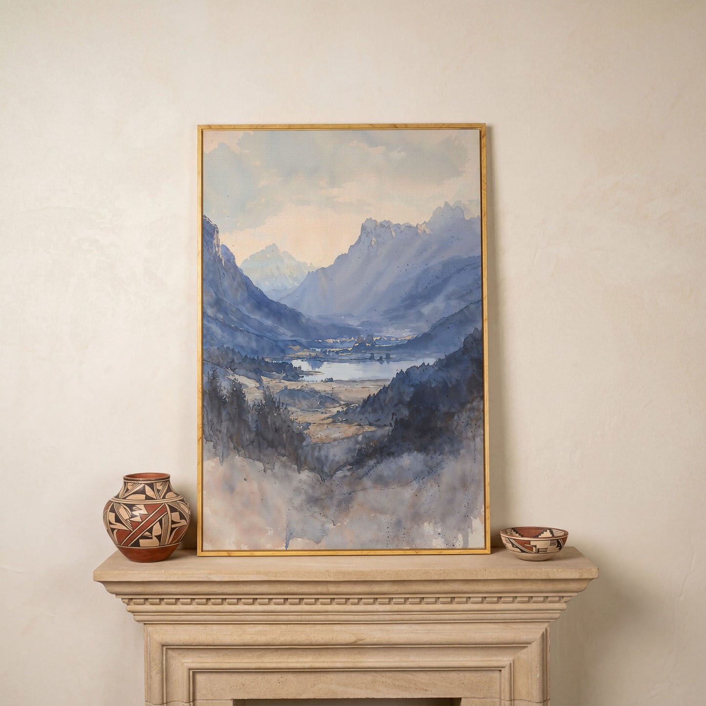 Alpine Lake at Dusk, Watercolor Mountain Canvas Wall Art in white oak floating frame