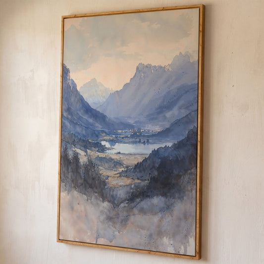 Alpine Lake at Dusk, Watercolor Mountain Canvas Wall Art shown in white oak floating frame