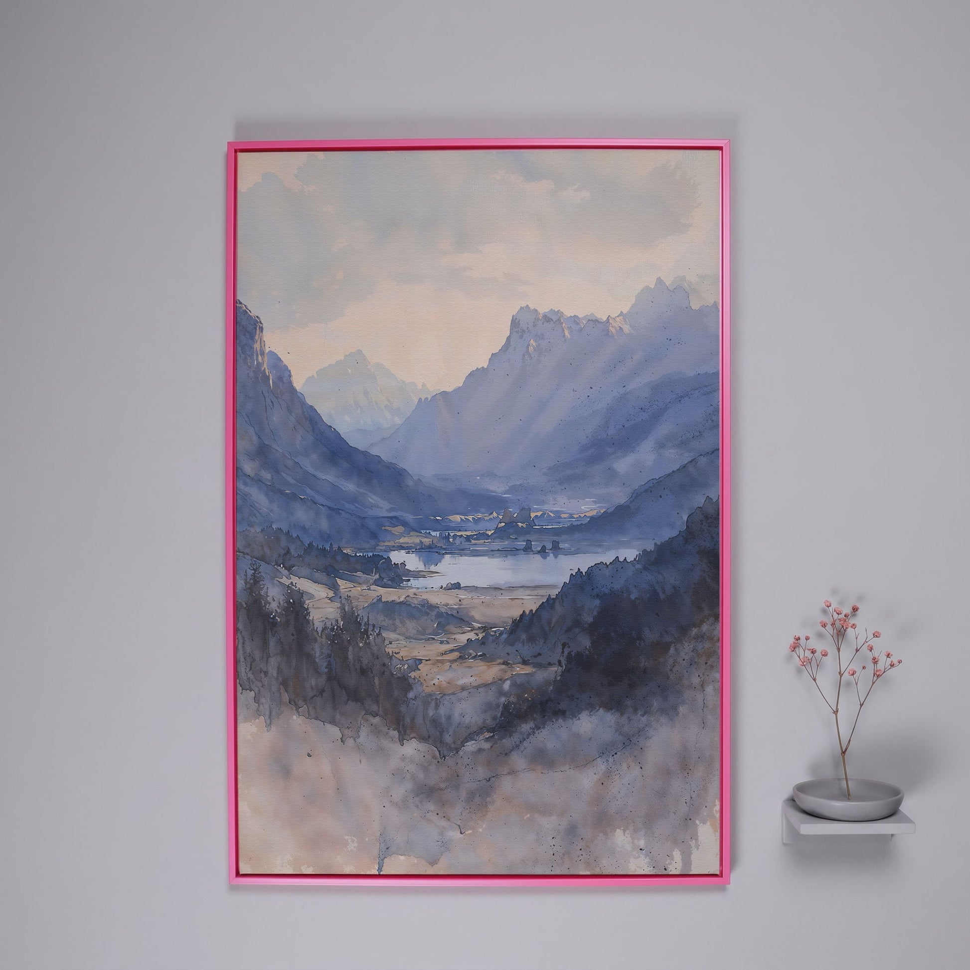 Alpine Lake at Dusk, Watercolor Mountain Canvas Wall Art in pink floating frame