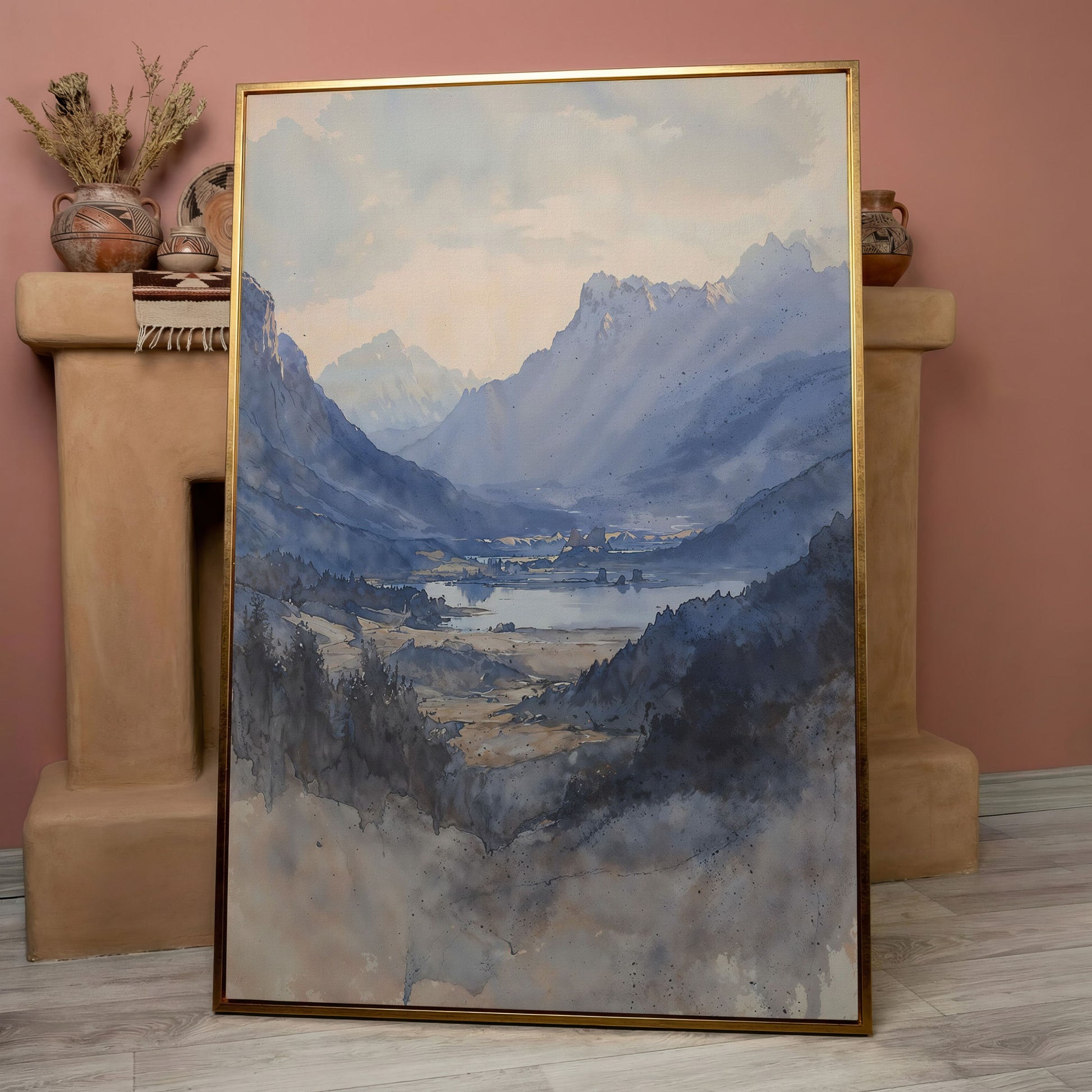 Alpine Lake at Dusk, Watercolor Mountain Canvas Wall Art in rose gold floating frame
