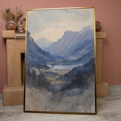 Alpine Lake at Dusk, Watercolor Mountain Canvas Wall Art in rose gold floating frame