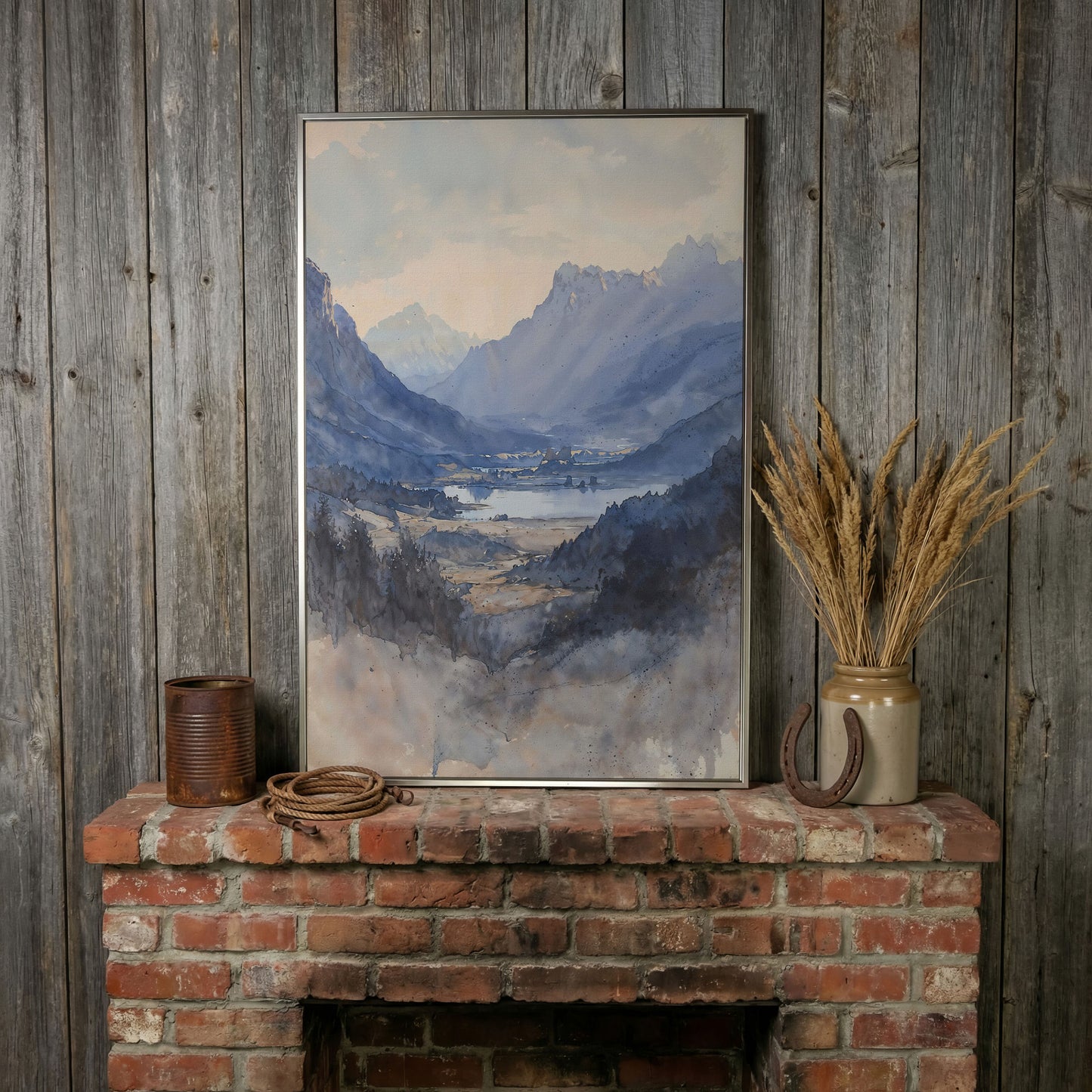 Alpine Lake at Dusk, Watercolor Mountain Canvas Wall Art in silver floating frame