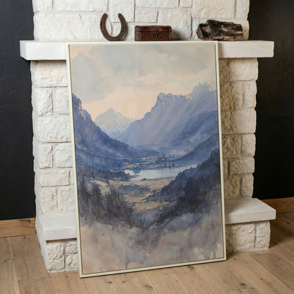 Alpine Lake at Dusk, Watercolor Mountain Canvas Wall Art in white floating frame