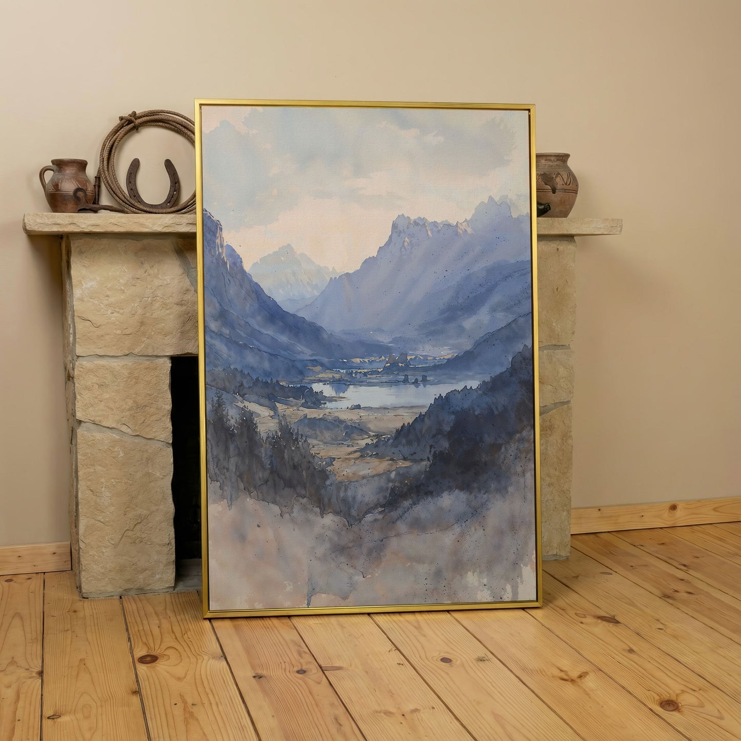 Alpine Lake at Dusk, Watercolor Mountain Canvas Wall Art in yellow gold floating frame