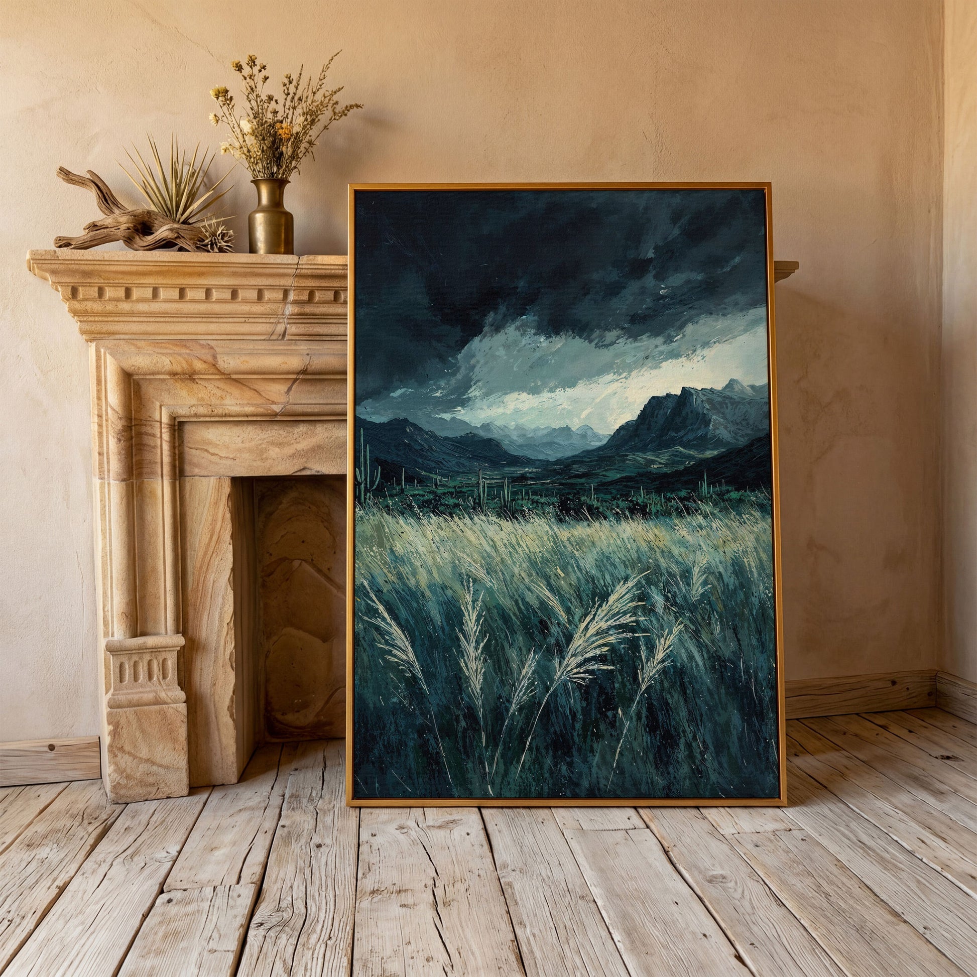 Stormy Sky and Green Field Mountain Landscape Canvas in antique gold floating frame