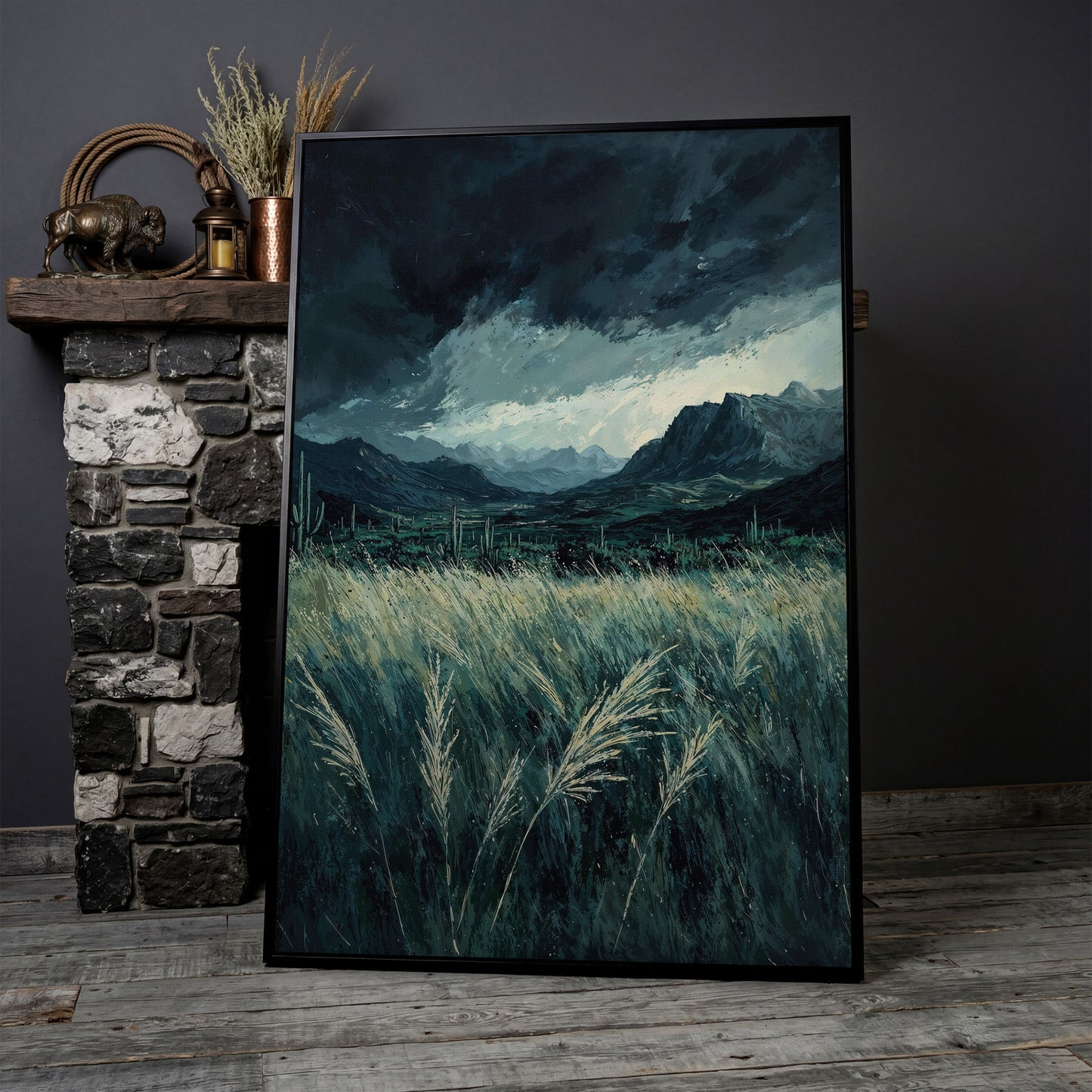 Stormy Sky and Green Field Mountain Landscape Canvas in black floating frame