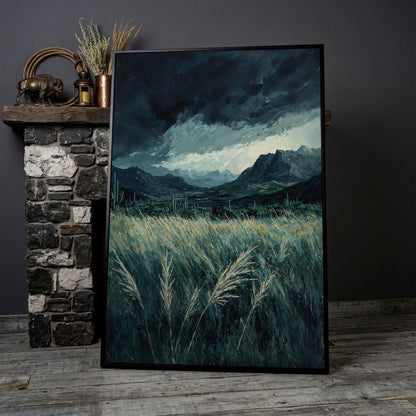 Stormy Sky and Green Field Mountain Landscape Canvas in black floating frame