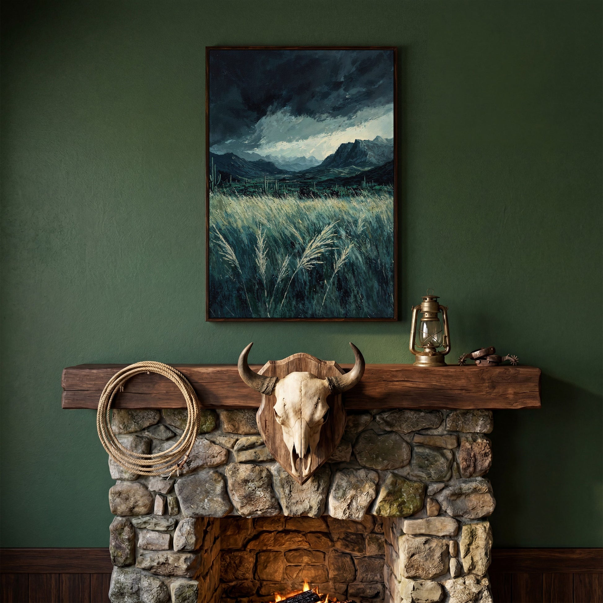 Stormy Sky and Green Field Mountain Landscape Canvas in dark walnut floating frame