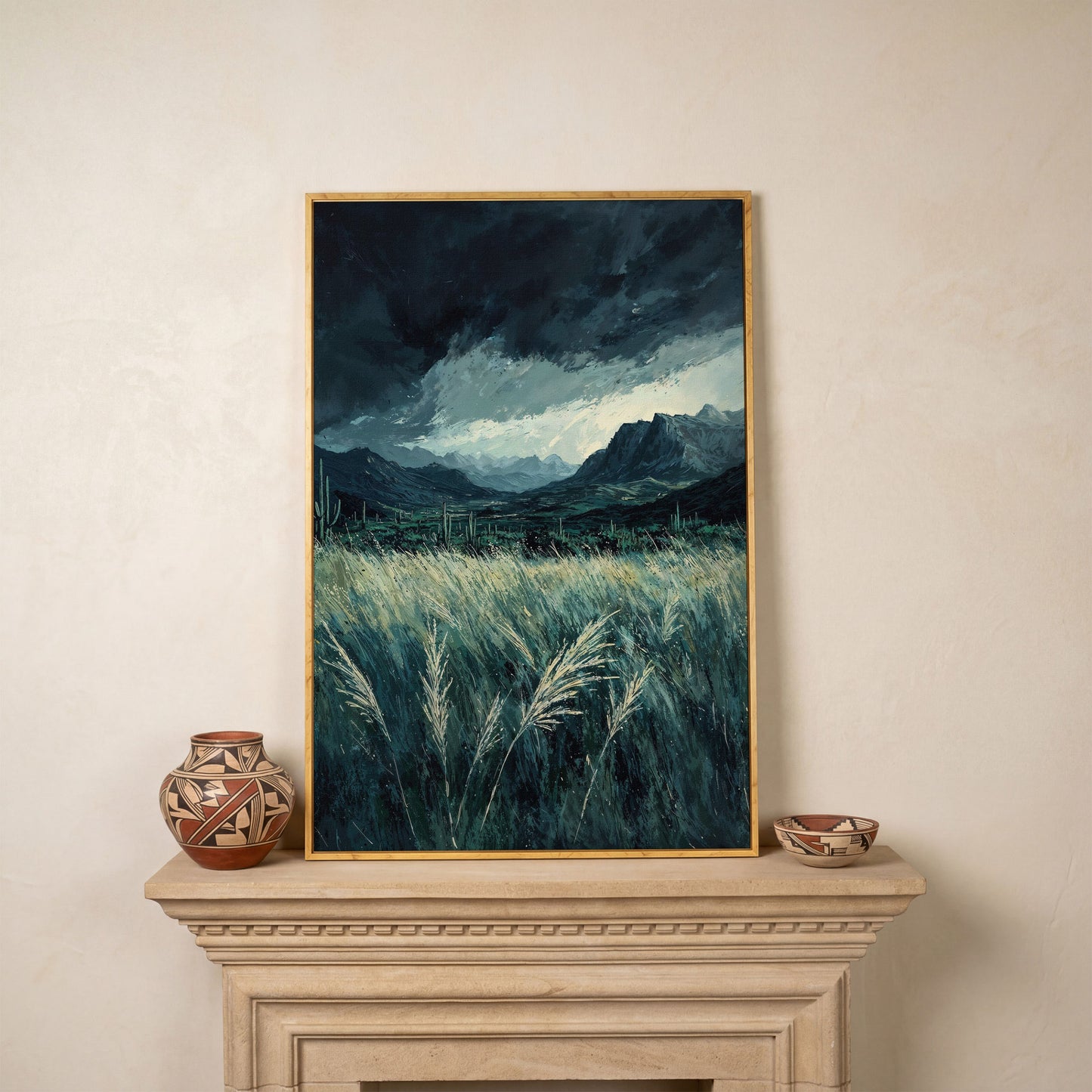 Stormy Sky and Green Field Mountain Landscape Canvas in white oak floating frame