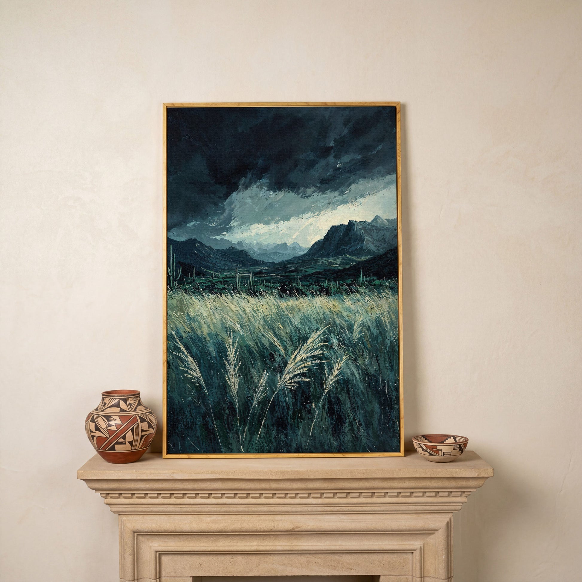 Stormy Sky and Green Field Mountain Landscape Canvas in white oak floating frame