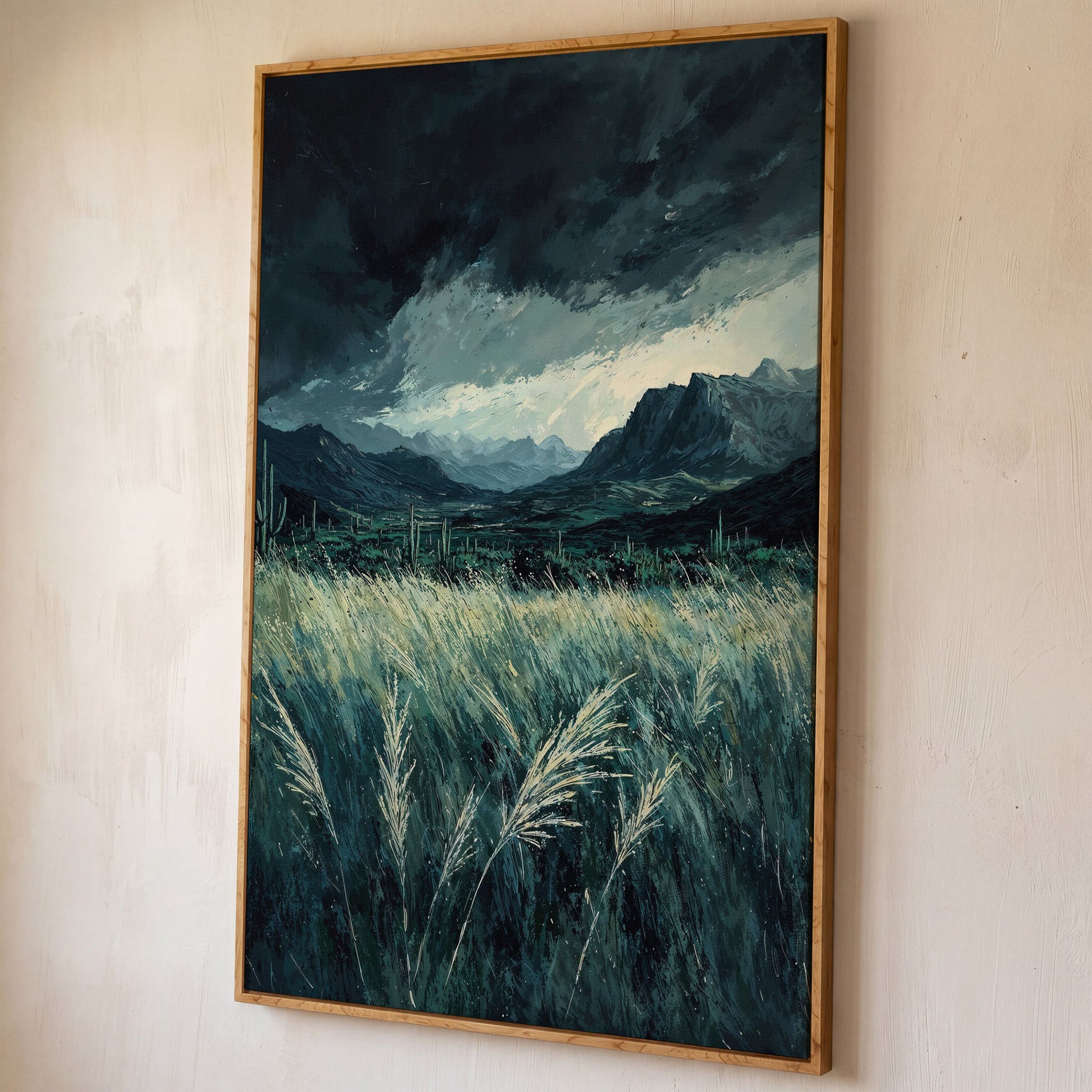 Stormy Sky and Green Field Mountain Landscape Canvas shown in white oak floating frame
