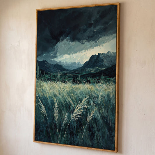 Stormy Sky and Green Field Mountain Landscape Canvas shown in white oak floating frame