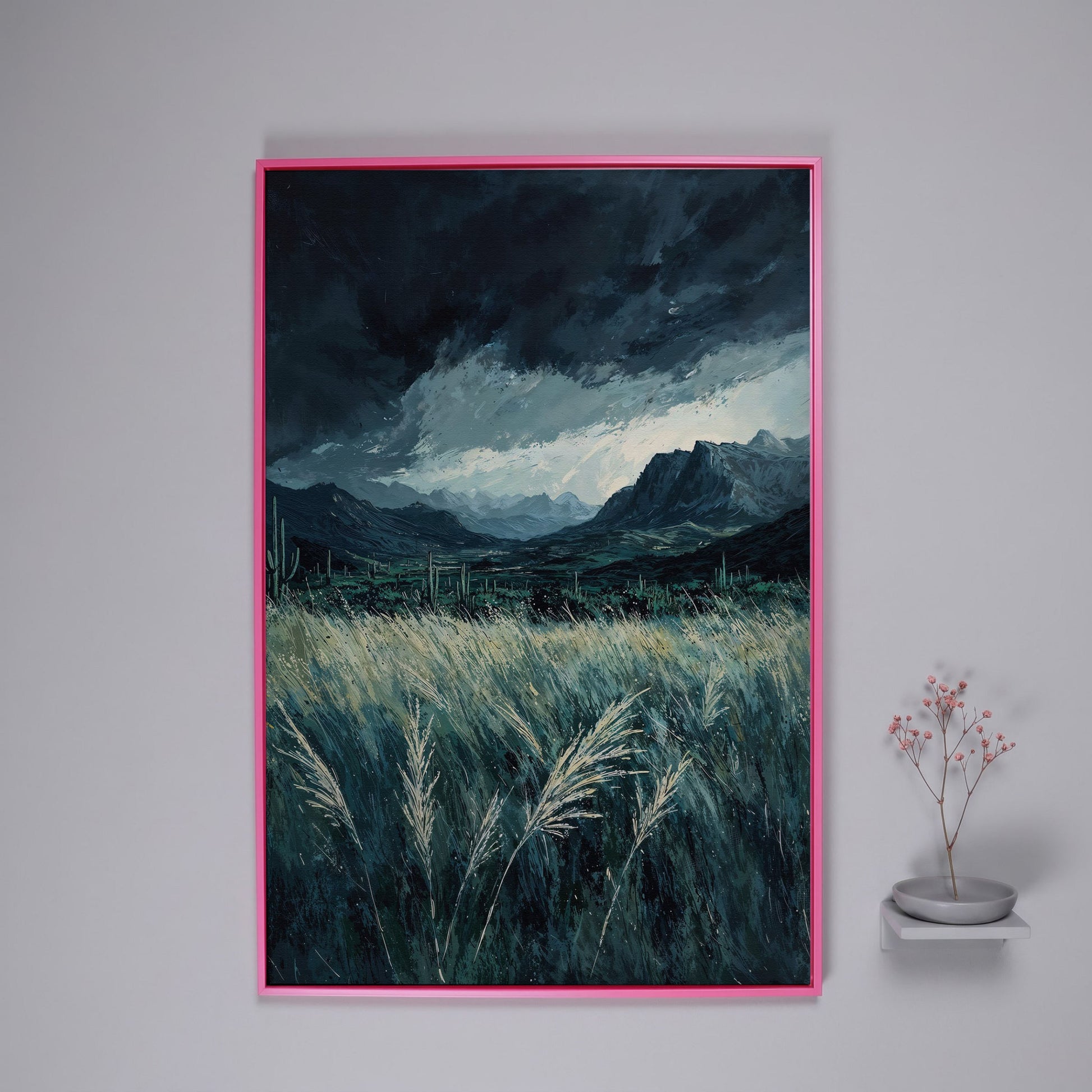 Stormy Sky and Green Field Mountain Landscape Canvas in pink floating frame