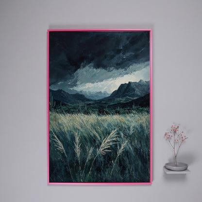 Stormy Sky and Green Field Mountain Landscape Canvas in pink floating frame