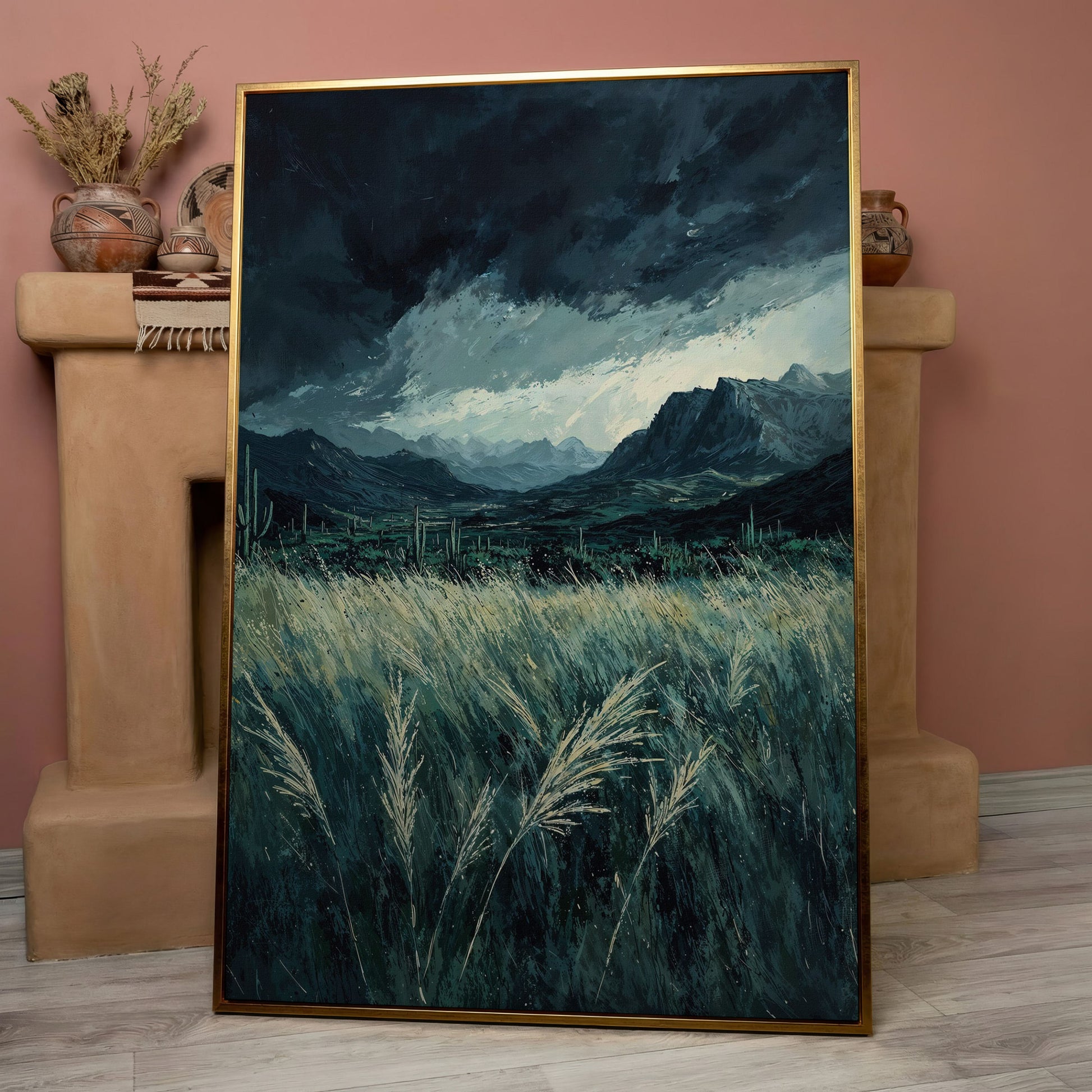 Stormy Sky and Green Field Mountain Landscape Canvas in rose gold floating frame