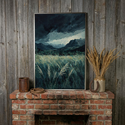 Stormy Sky and Green Field Mountain Landscape Canvas in silver floating frame