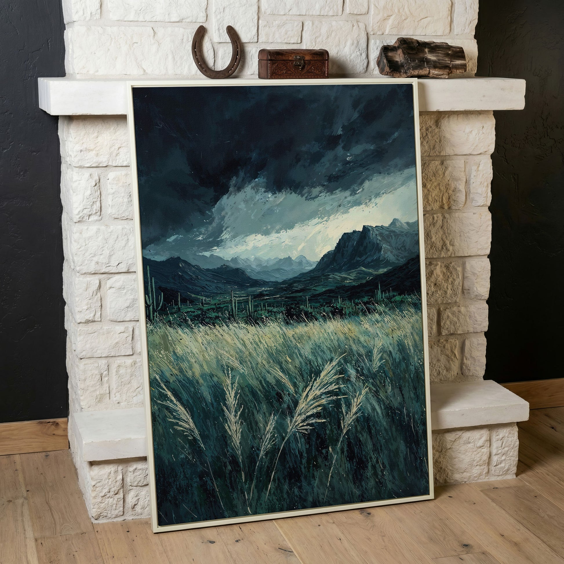 Stormy Sky and Green Field Mountain Landscape Canvas in white floating frame