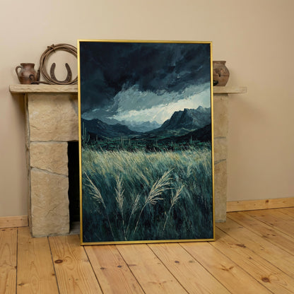 Stormy Sky and Green Field Mountain Landscape Canvas in yellow gold floating frame