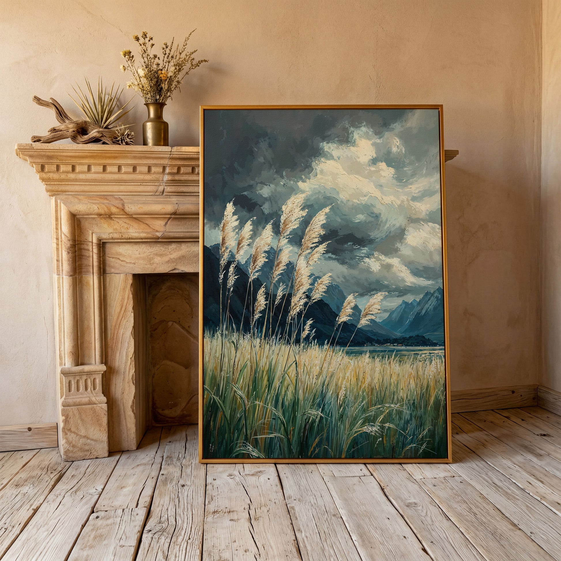 Mountain Wilderness Sky Canvas in Slate Blue & Wheat in antique gold floating frame